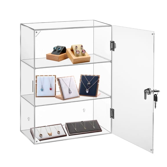 3 Tiers Acrylic Display Case for Collectibles, Clear Storage Bin, Stackable Clear Storage Box with Lock Door for Figures, Home or Office