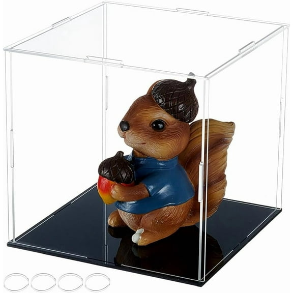 Clear Acrylic Display Case with Black Base & 4 Pcs Rubber Rings 6x6x6 Inch Cube Clear Self-Assembly Acrylic Box Dustproof Protection Showcase