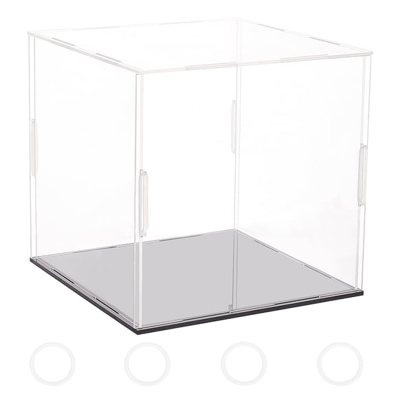 Clear Acrylic Display Case with Black Base & 4 Pcs Rubber Rings 6x6x6 Inch Cube Clear Self-Assembly Acrylic Box Dustproof