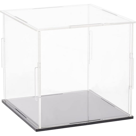 Clear Acrylic Display Case with Black Base 4x4x4 Inch Cube Clear Self-Assembly Acrylic Box Dustproof Protection Showcase DIY