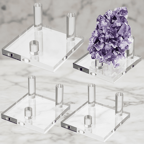 Clear Acrylic Display Stand Set of 4 - Three-Peg Easel Stands for Showcasing Fossils, Geodes, Minerals, Agate Rocks, and Small Collectibles