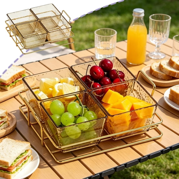 Clear Acrylic Divided Serving Tray - 4-Compartment Snack Platter for Parties, Fruit, Nuts & Appetizers with Iron Stand