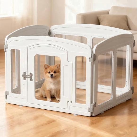 Clear Acrylic Dog Playpen Indoor, Height 24 inch, 4 Panels for Small and Puppy Dogs, White