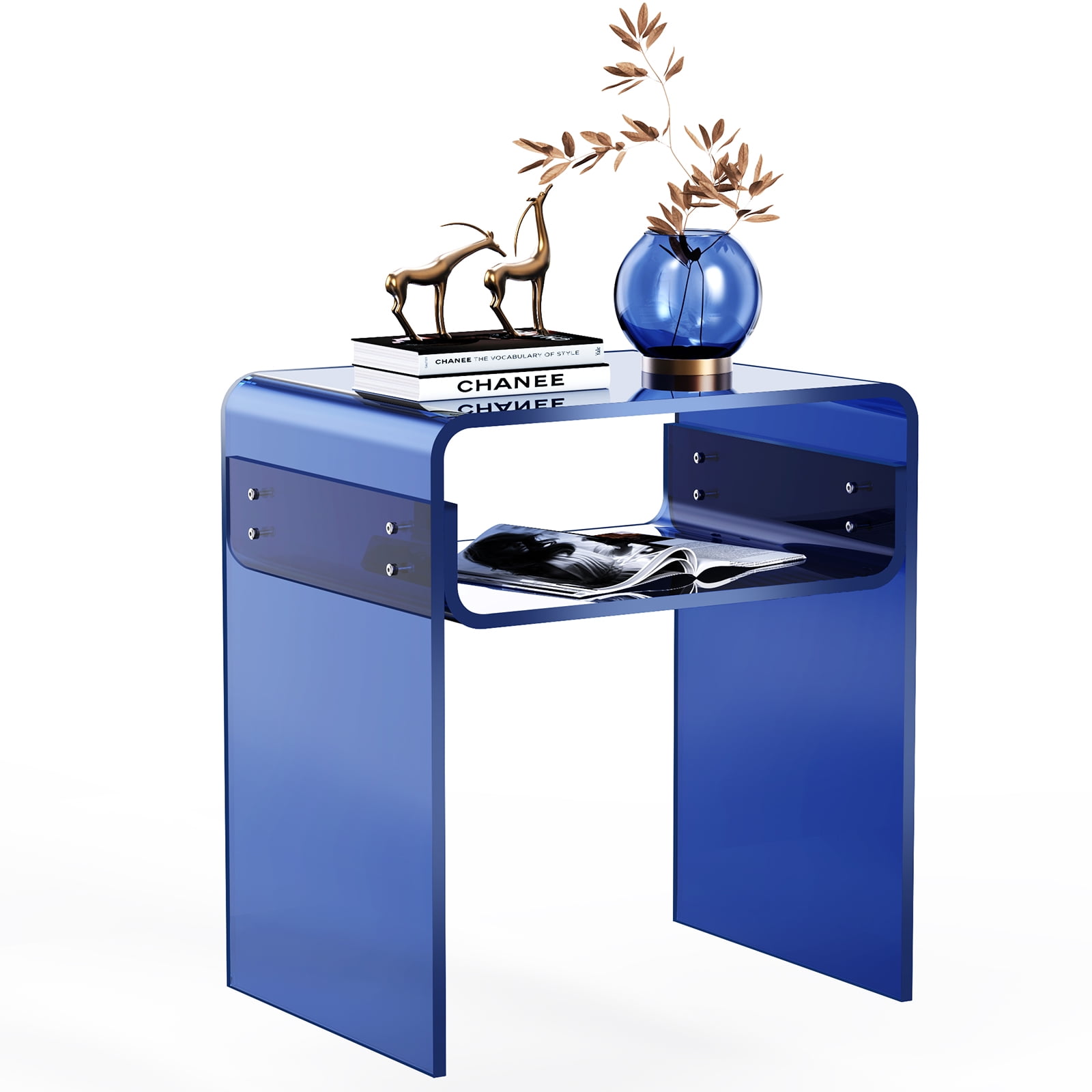 Clear Acrylic End Table 2-Tier Bedside Nightstand for Living Room Bedroom (1, Dark Blue)