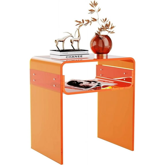 Clear Acrylic End Table 2-Tier Bedside nightstand for Living Room Bedroom Home Decor (Orange)