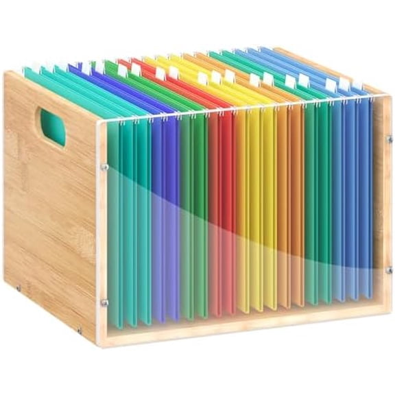 Clear Acrylic File Box Organizer, Bamboo Hanging Folder Storage Boxes, Filing Crate Bin Holder with Handle for Home Office Desk, Letter Size