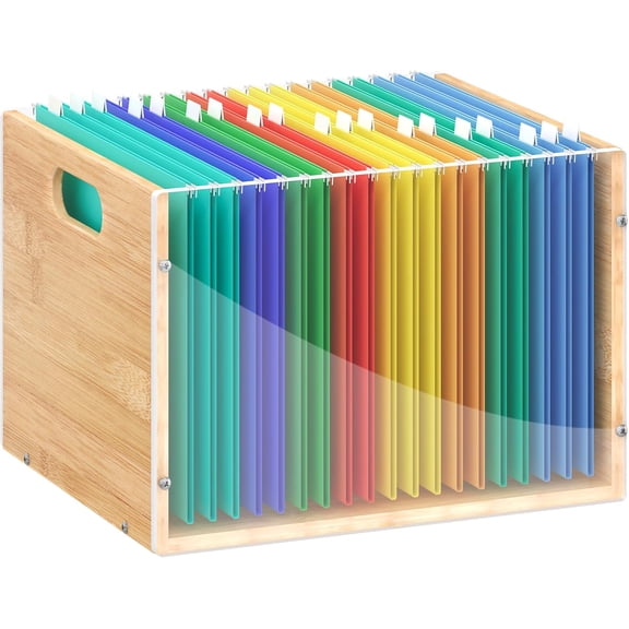 Clear Acrylic File Box Organizer, Bamboo Hanging Folder Storage Boxes, Filing Crate Bin Holder with Handle for Home Office Desk, Letter Size
