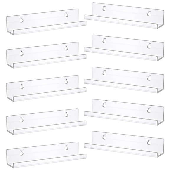 Clear Acrylic Floating Shelves, Wall Mounted 12Inch Vinyl Record Shelf for Books, Magazines,CDs, Makeup Products DIY Storage Display  - 10PCS
