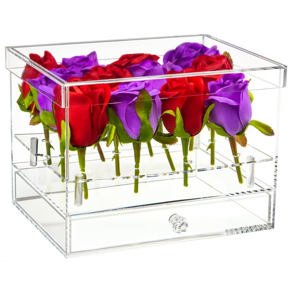 Clear Acrylic Flowers Display Case with Drawer for Wedding and Home, 12 Holes (A093)