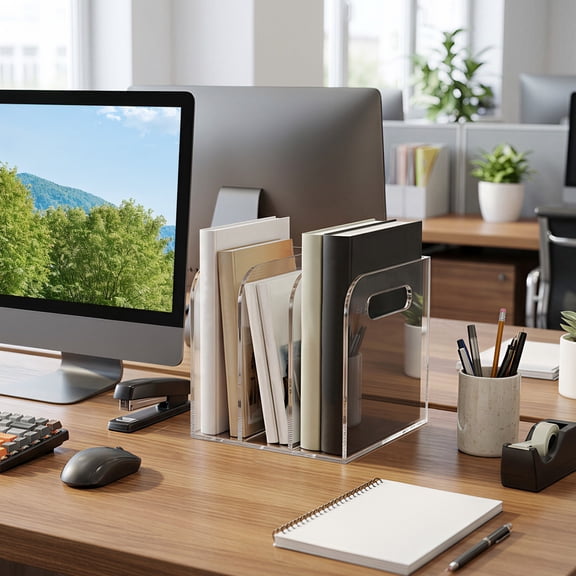 Clear Acrylic Folder Holder Vertical Magazine File Organizer with 3/5 Compartment Desk Upright Document Storage Rack Binder Holder Sorter for Home Office Desktop