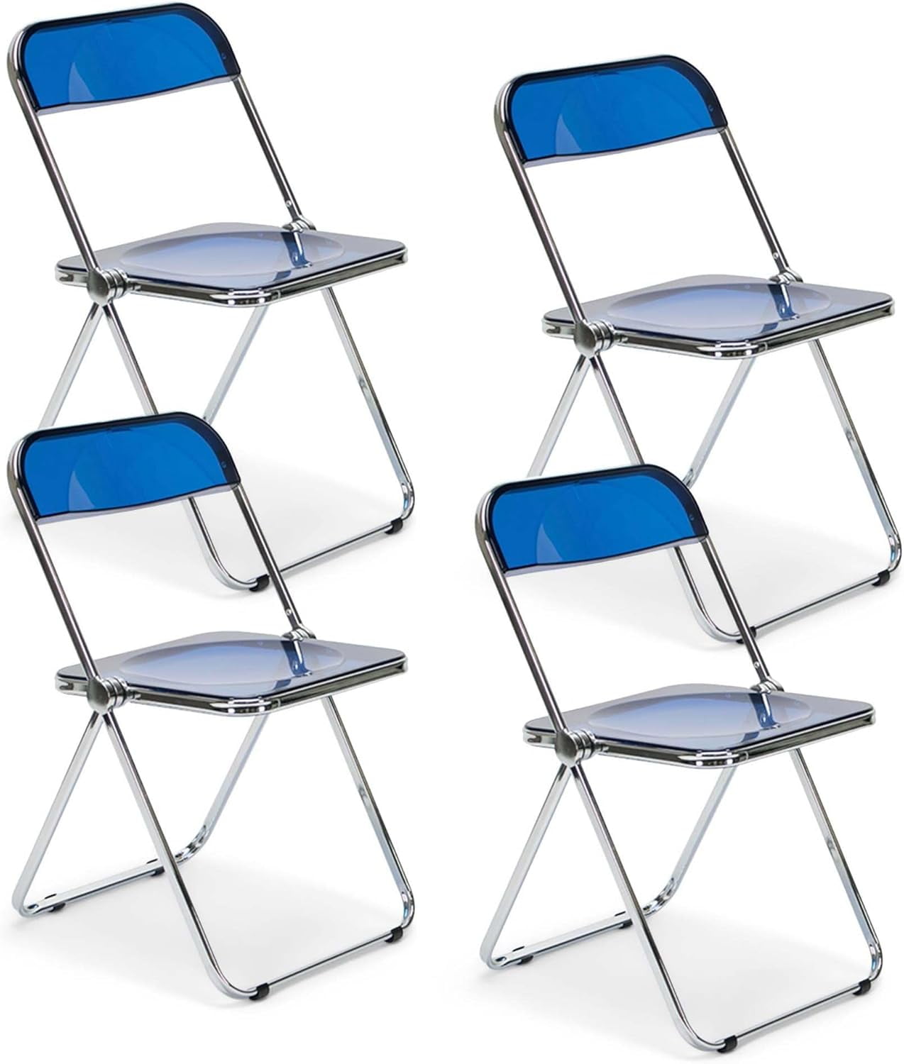 EventStable Clear Acrylic Folding Chair with Electroplate Chrome Frame, Lightweight Portable Seating Stackable Comfortable Chair for Indoor Outdoor Dining, Events & Parties - Cobalt Blue - 4-Pack
