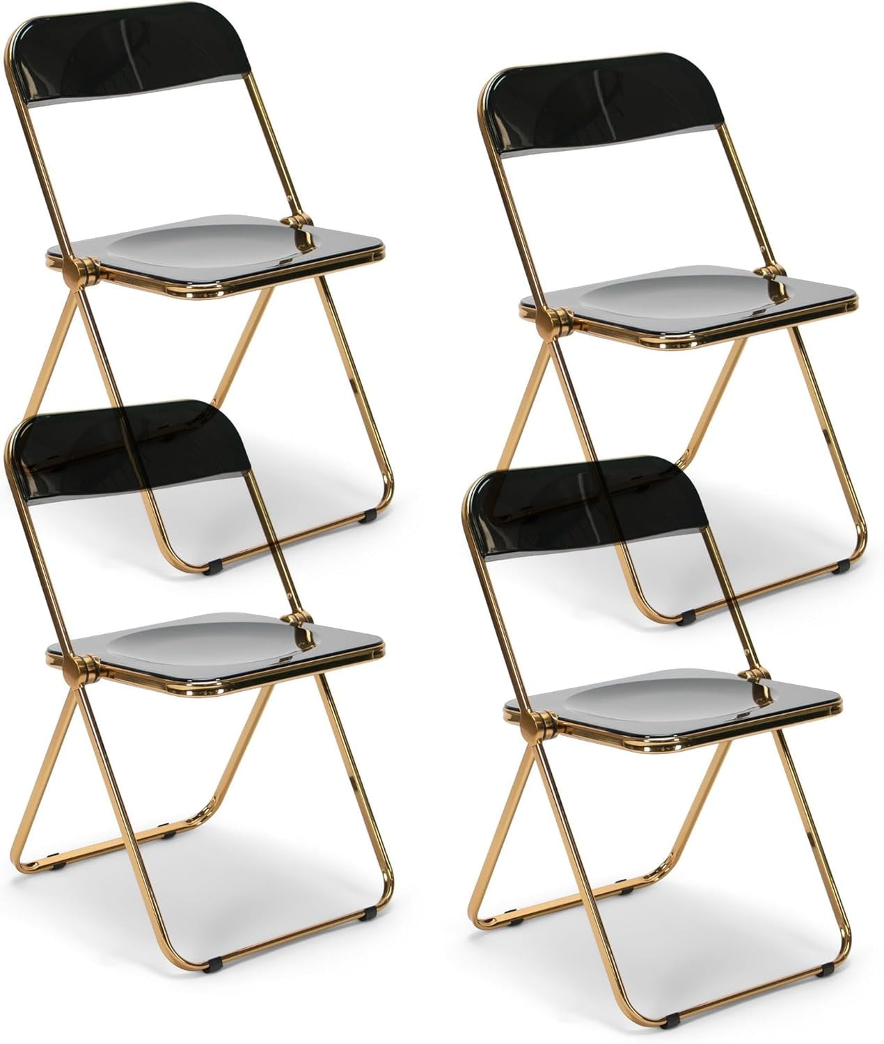 EventStable Clear Acrylic Folding Chair with Electroplate Gold Frame, Lightweight Portable Seating Stackable Comfortable Chair for Indoor Outdoor Dining, Events & Parties - Onyx - 4-Pack