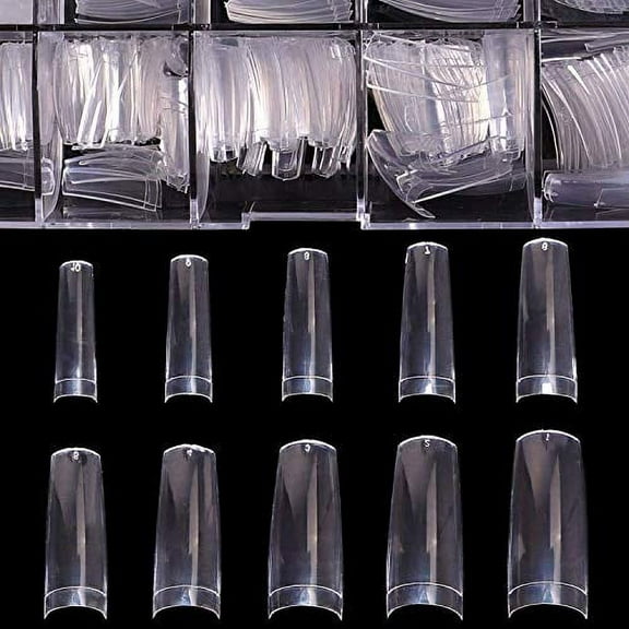 Clear Acrylic French Nail Tip 500pcs Half Cover Fake/False Nail with Case for Dip Powder Nail Salons and DIY Nail Art, 10 Sizes