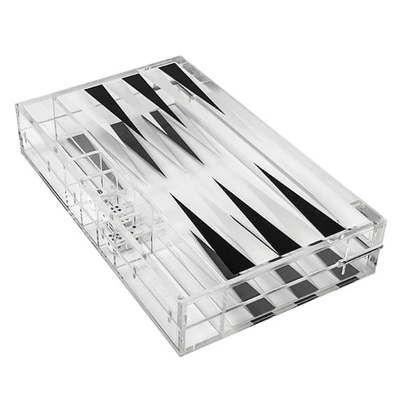 Clear Acrylic Game Board Folding Backgammon Set, Portable Family Strategy Format, Reversible Layout, Compact Storage Profile, Playing Pieces Ready