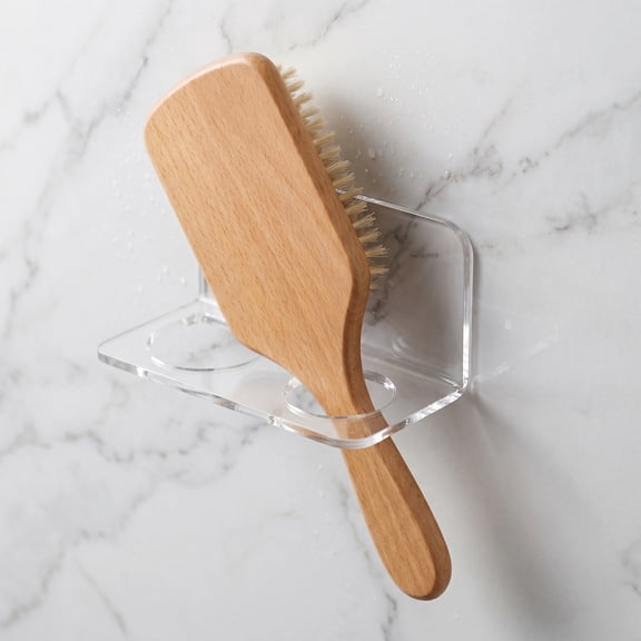 Clear Acrylic Hairbrush Holder Wall Mount Space Saving Comb Organizer Rack No Drill 2 Slots Bathroom Counter Storage Shelf for Hair Comb Body Brush Razor Shower Supplies