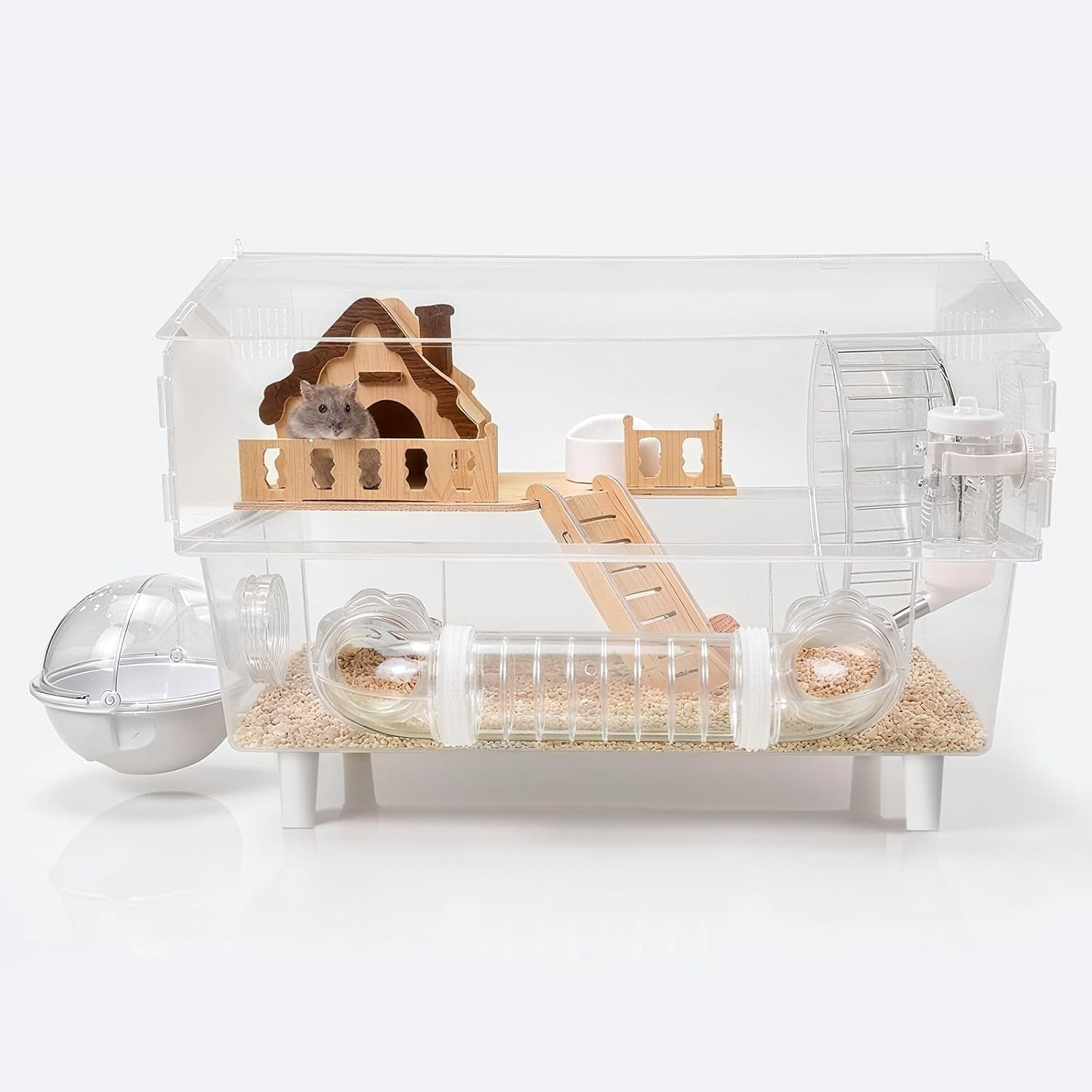 Clear Acrylic Hamster Cage, Dwarf Hamster Cage, Mouse Cage, Gerbil Cage - All-in-One Hamster Habitat with 18cm Silent Wheel, Tubes & Full Kit, 17.7×11.8×13.8" for Dwarf Hamsters, Mice, Gerbils