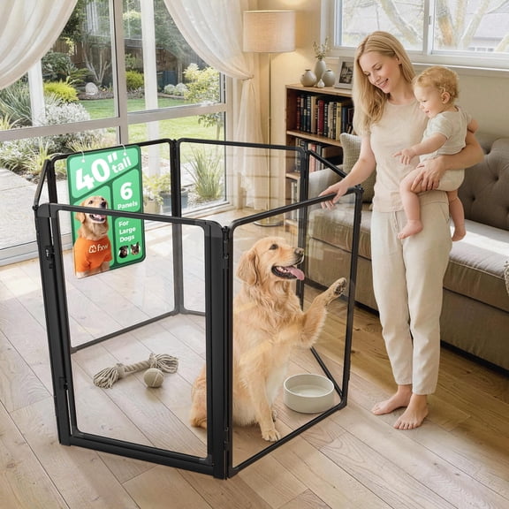 Clear Acrylic Indoor Dog Playpen 40 Inch Height 6 Panels Secure Pet Enclosure with Metal Frame and Locking Door for Puppies Small Dogs
