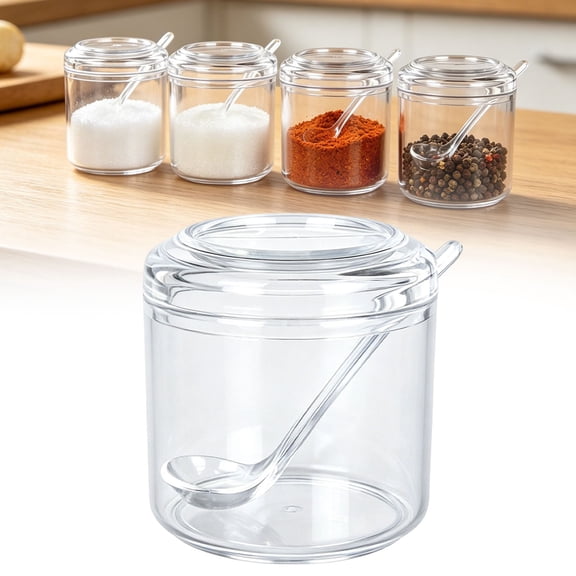 Clear Acrylic Jar with Spoon, Airtight Seasoning Container for Sugar Salt Pepper Spices, Transparent Storage Pot for Kitchen Counter Coffee Bar, 10.8 oz, By Tanuke store