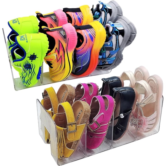Clear Acrylic Kids Shoe Rack (2-Pack)  Stackable Toddler Shoe Organizer Shoes Display Rack for Closet,Nursery & Entryway,4-Section Baby Shoe Shelf,Space-Saving Storage,Also Fits Files,Books & Purses