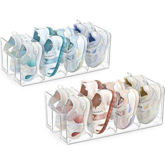 Clear Acrylic Kids Shoe Rack for Closet Organizers and Storage, Small Shoe Rack 4 Sections Toddler Baby Shoe Storage Organizer Stackable Shoe Shelf,Desk File Sorter Book Purse Organizer(2 Pack)