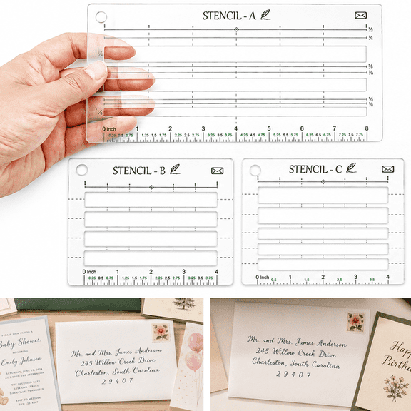 Clear Acrylic Lettering Stencil (3-Pack), Envelope Addressing & Straight Line Guide for Cards & Stationery, 8-Inch Alignment Ruler Tool for Calligraphy & Journaling