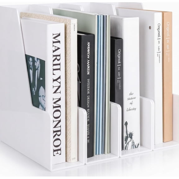 Clear Acrylic Magazine File Holder, 4 Section Vertical Desk Organizer, White