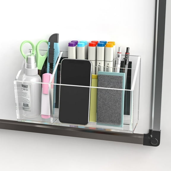 Clear Acrylic Magnetic Pen Holder for Whiteboard Fridge Locker 8.4"x4.8"x2.4" Large Self Adhesive Wall Dry Erase Marker Holder for Home Office,3-Grid Magnetic Pencil Organizer Holder
