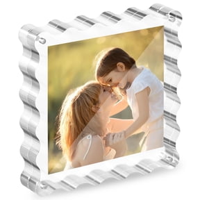 Clear Acrylic Magnetic Picture Frame, 4x4 Inch Double-Sided Photo Frame with Scalloped Edges, Freestanding Desk Frame for Home or Office Decor