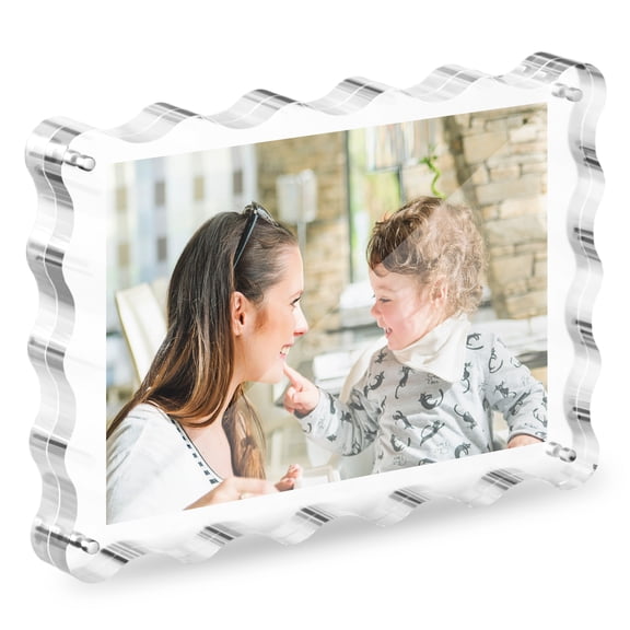 Clear Acrylic Magnetic Picture Frame, 5x7 Inch Double-Sided Scalloped Desk Photo Frame, Freestanding Display for Home or Office