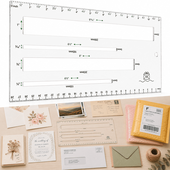 Clear Acrylic Mail Thickness Gauge Ruler, 4 Slot Parcel Measuring Stencil for Shipping, Portable Postage Sizing Tool for Envelopes, Cardboard & Small Packages
