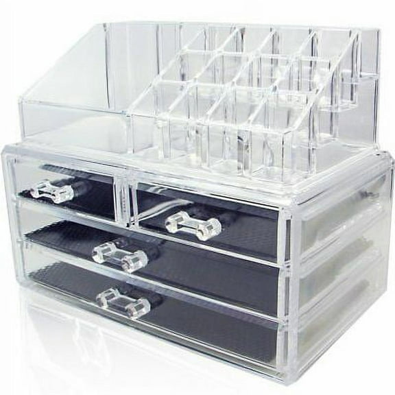 Clear Acrylic Makeup Organizer with 4 Drawers and Removable Top Storage with 16 Slots for Lipstick and Cosmetics - See-Through Jewelry Chest Case Holder