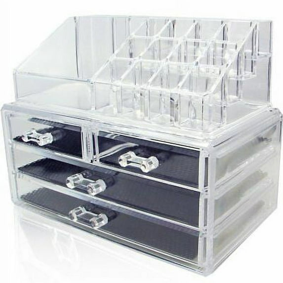 Clear Acrylic Makeup Organizer with 4 Drawers and Removable Top Storage with 16 Slots for Lipstick and Cosmetics - See-Through Jewelry Chest Case Holder