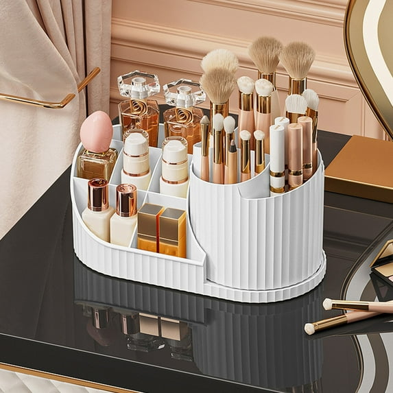 Clear Acrylic Makeup Organizer with Rotating Tray, Multi-Layer Drawer Desktop Storage for Cosmetics, Lipstick, Brushes, Pen and Stationery, Countertop Vanity Organizer