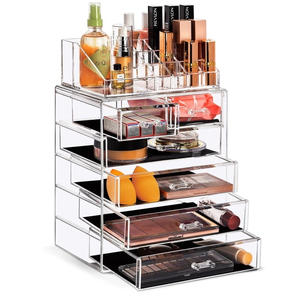 Clear Acrylic Makeup Organizer Set with 6 Drawers, Vanity Countertop Cosmetic Storage Featuring Small and Wide Compartments, Storage Rack for Makeup Brushes and Jewelry, Ideal Gift for Women and Teen