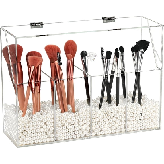 Clear Acrylic Makeup Organizer with 4 Brush Holders, Large Split-Design Storage Box with Dust Cover for Desktop