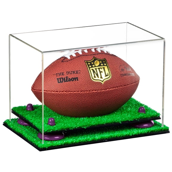 Clear Acrylic Mini - Miniature (not Full Size) Football Display Case with Purple Risers and Turf Base (A005-PR)