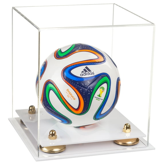 Clear Acrylic Mini - Miniature (not Full Size) Soccer Ball Display Case with Gold Risers and White Base (A015-GR)
