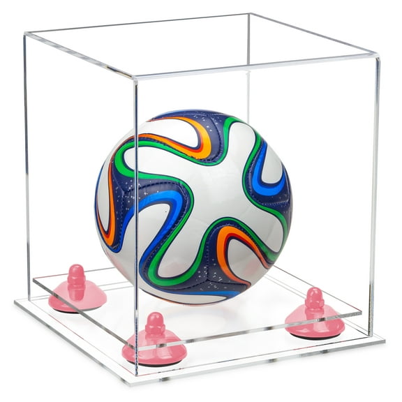 Clear Acrylic Mini - Miniature (not Full Size) Soccer Ball Display Case with Pink Risers and Clear Base (A015-PNR)