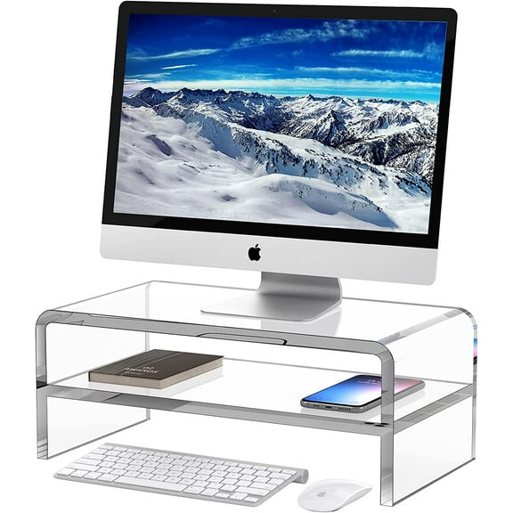 Clear Acrylic Monitor Stand Riser 2 Tier, 5.12 Inches High Clear Computer Desk Organizer Shelf for Multi Media PC Storage Laptop