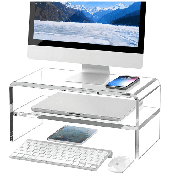 Clear Acrylic Monitor Stand Riser 2 Tier, 5.12 Inches High Clear Computer Desk Organizer Shelf for Multi Media PC Storage Laptop