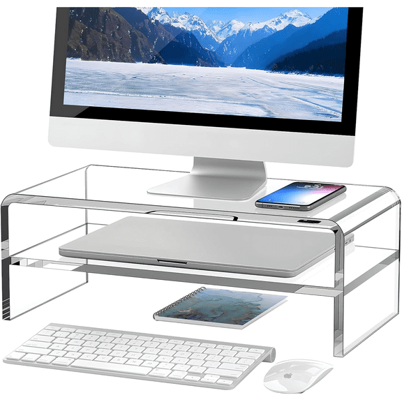Clear Acrylic Monitor Stand Riser 2 Tier, 5.12 Inches High Clear Computer Desk Organizer Shelf for Multi Media PC Storage Laptop