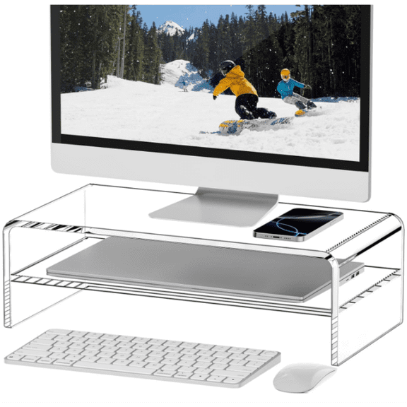 Clear Acrylic Monitor Stand Riser 2 Tier, 5.12 Inches High Clear Computer Desk Organizer Shelf for Multi Media Storage Laptop