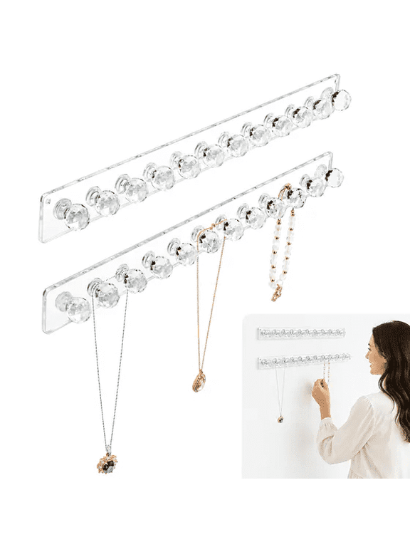 Clear Acrylic Necklace Organizer, Wall Necklace Holder, Necklace Holder Organizer, Necklace Hanger, Necklace Holder Wall, Wall‑Mount Jewelry Hooks for Necklaces, Bracelets & Chains, 2‑Pack