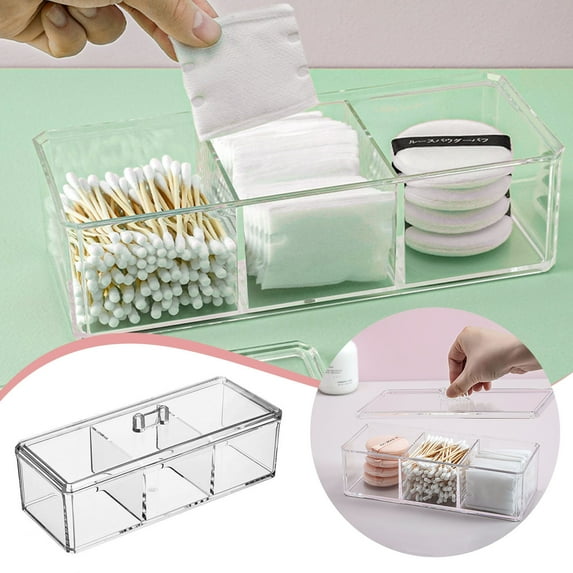 Clear Acrylic Organizer Box - 3 Compartment Stackable Storage Container with Lid for Tea Bags, Cotton Balls & Swabs, Kitchen & Bathroom Countertop Organization