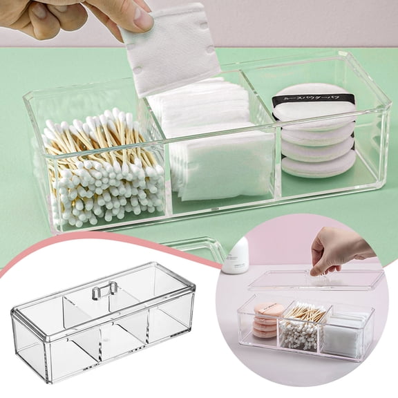 Clear Acrylic Organizer Box - 3 Compartment Stackable Storage Container with Lid for Tea Bags, Cotton Balls & Swabs, Kitchen & Bathroom Countertop Organization