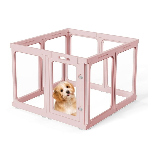 Clear Acrylic Plastic Dog Playpen Indoor, for Puppy Cat Rabbit Ferret Transparent Pet Pen, Easy Assemble Whelping Crate Kennel Cage Enclosure, Preferable for Small Dogs (23.6“ Height, 8Pcs, Pink)