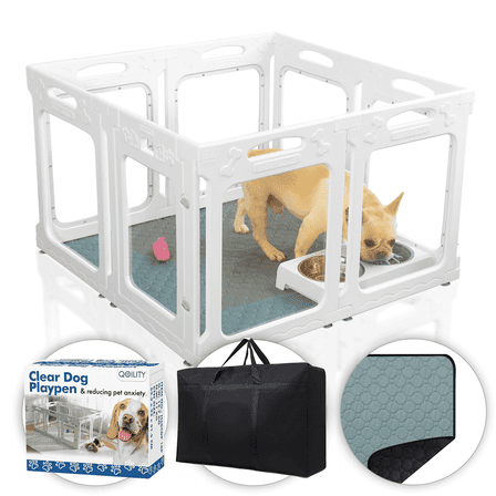Qoility Clear Dog Playpen with Door - Height 24 Inch, 8 Panels - Reduces Indoor Puppy/Small Dog Anxiety, White