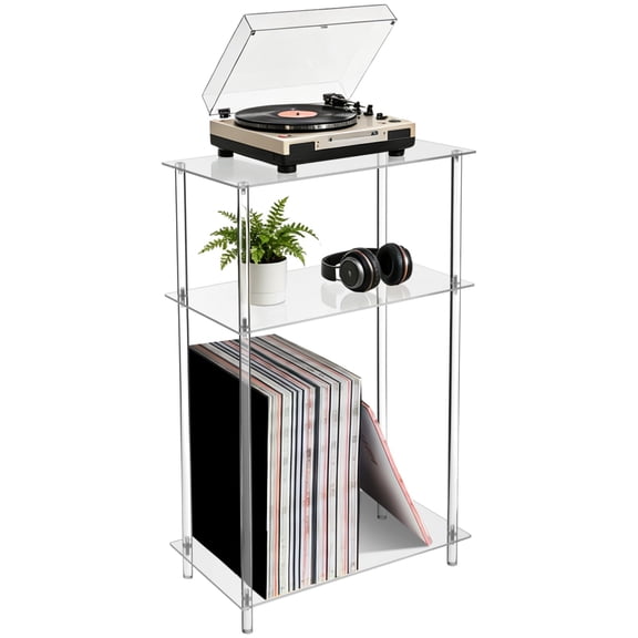 Clear Acrylic Record Player Stand, 3-Tier Side Table with Vinyl Record Storage, Transparent Modern Book Shelf, Plant Stand for Bedroom, Living Room, Office, Balcony, 15.7 x 7.9 x 30.7"