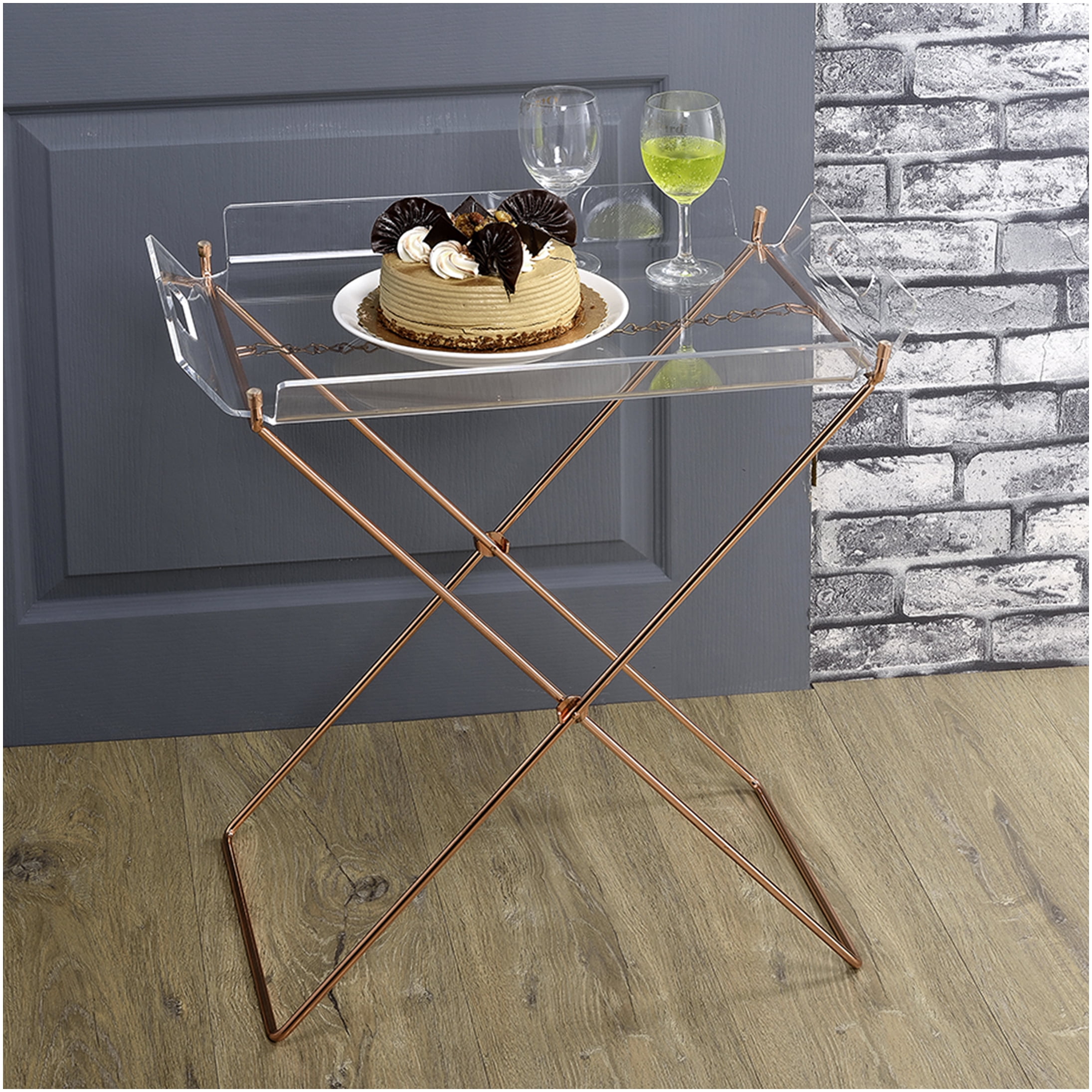Rectangular Tray Table Clear Acrylic Rectangular Tray Table with Copper X-Base, Non-Foldable ...