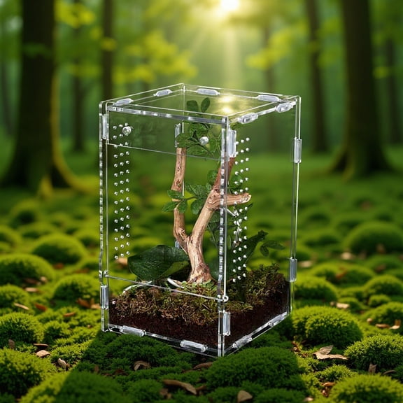 Clear Acrylic Reptile Terrarium, 12x12x20cm Full View Small Enclosure with Magnetic Lock, Multi-Side Ventilation Holes, Habitat for Jumping Spiders, Tree Frogs, Insects, Small Reptiles & Amphibians